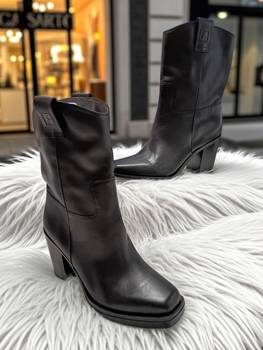 New Franco Sarto Valor Black Leather Mid-Calf Western Block Heel Boots Women 7.5